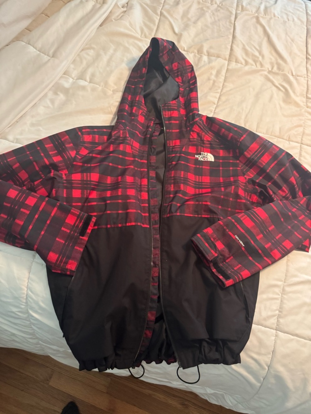 The North Face Men’s Red and Black Plaid Hooded Raincoat